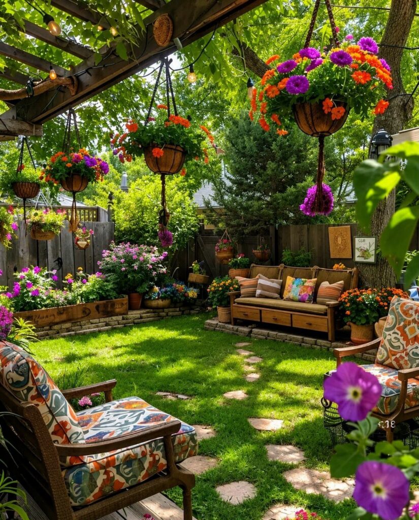 A lush backyard garden with hanging flower baskets, stepping stones, and outdoor seating area.