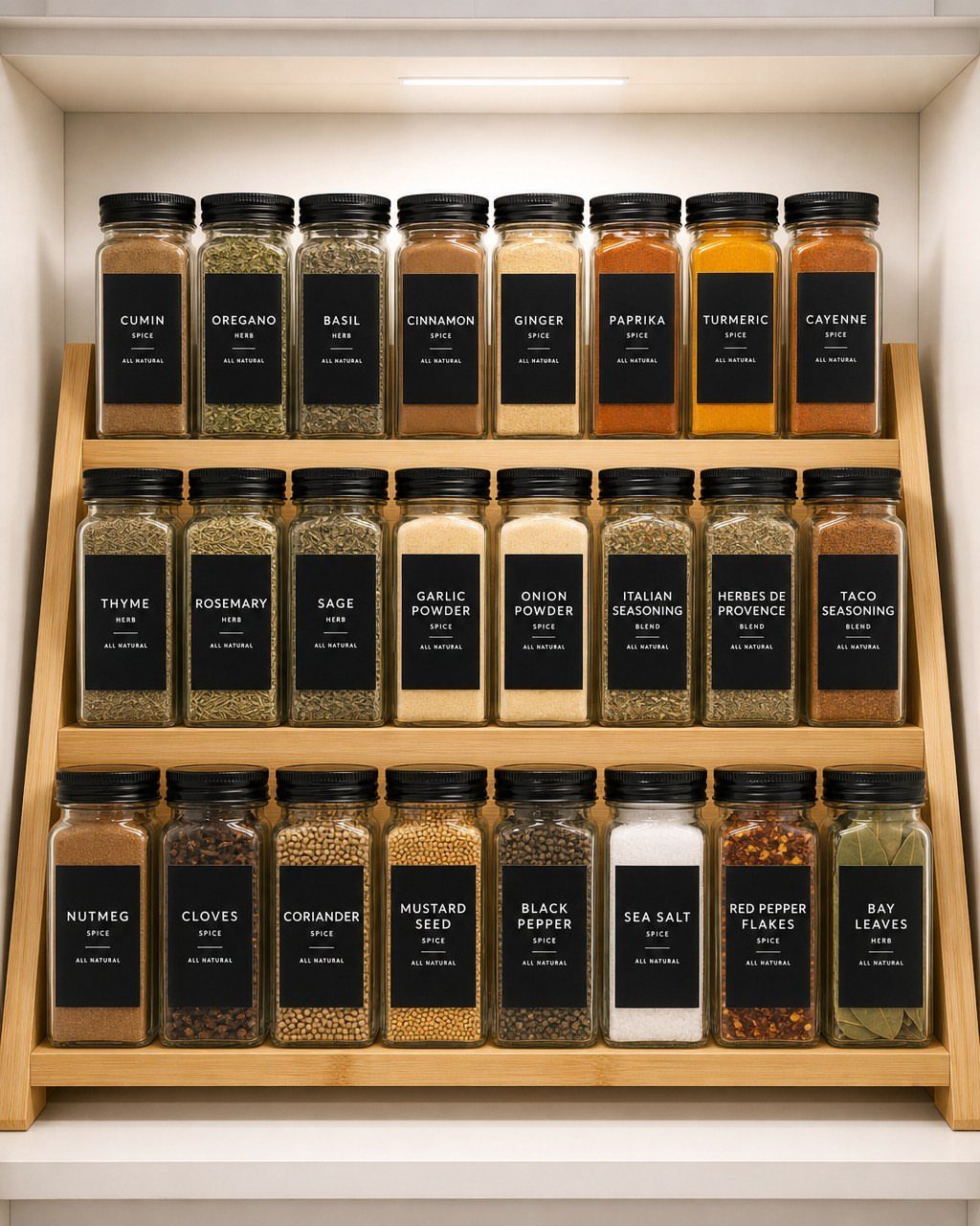 Uniform glass spice jars with black labels arranged on a wooden three-tier rack inside a white cabinet.